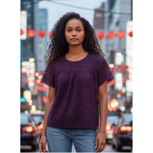 ✨J. Crew Purple Eyelet Cotton Lace Bloom Top Short Sleeve Boho Chic Womens Sz 0